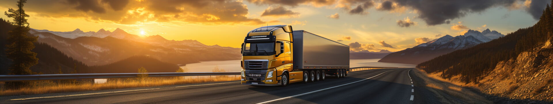 Lastwagen auf Landstraße bei Sonnenuntergang